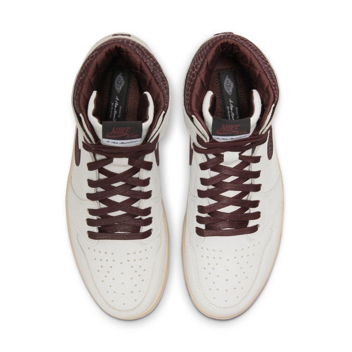Jordan 1 Retro High OG A Ma Maniére, luxurious white and maroon sneaker, top view showcasing design and details.