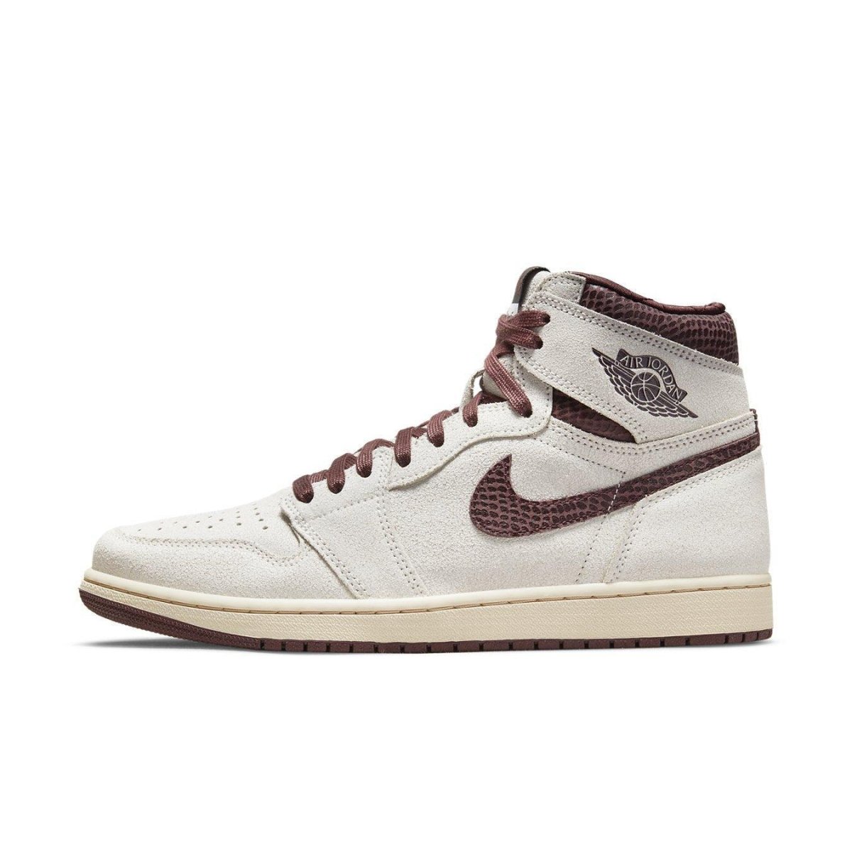 Jordan 1 Retro High OG A Ma Maniére sneakers in beige and maroon, showcasing high-end design and heritage.