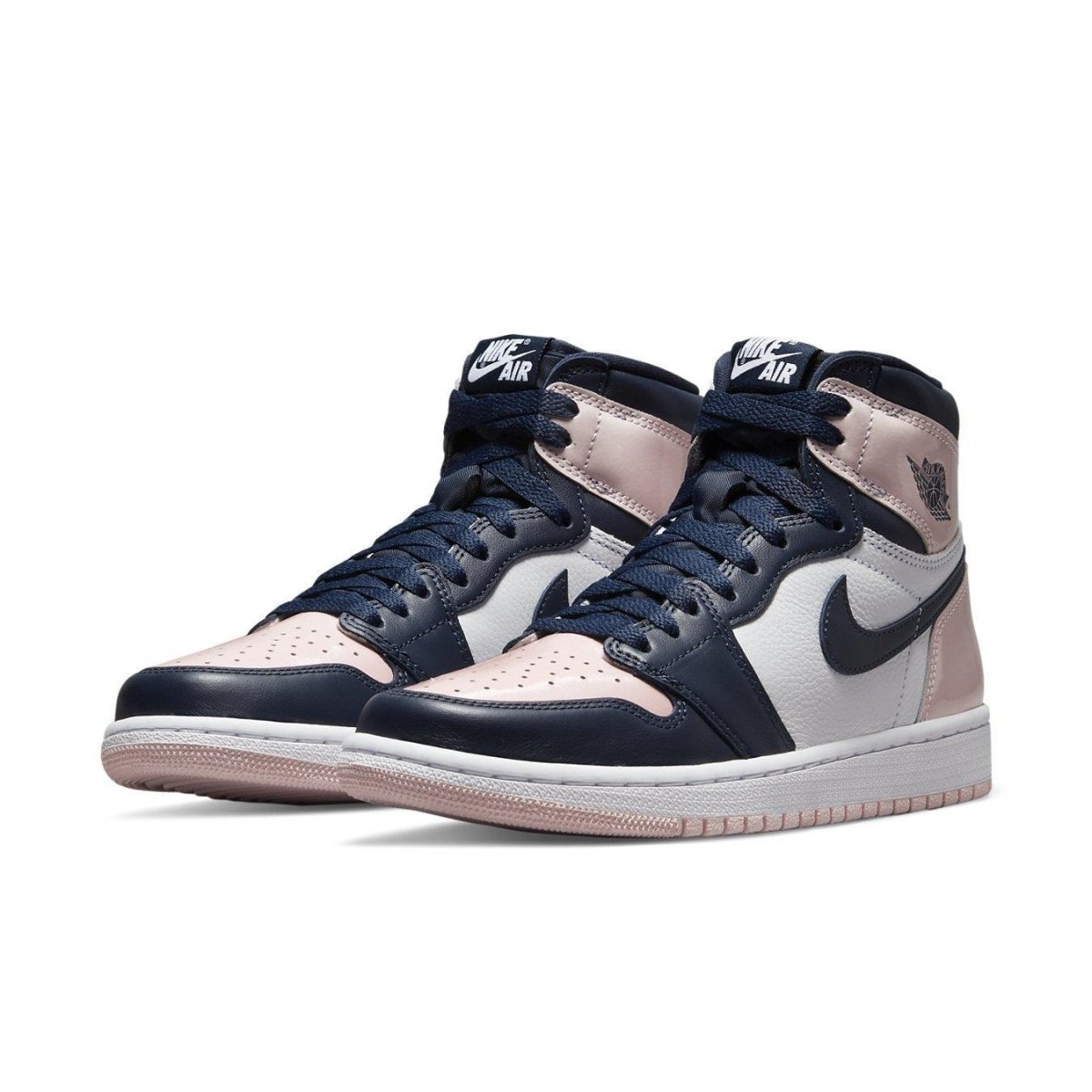Air Jordan 1 Retro High OG Atmosphere (W) featuring pink and navy colorway, styled with iconic Air logo.