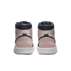 Back view of Jordan 1 Retro High OG Atmosphere sneakers showcasing pink and black design details.