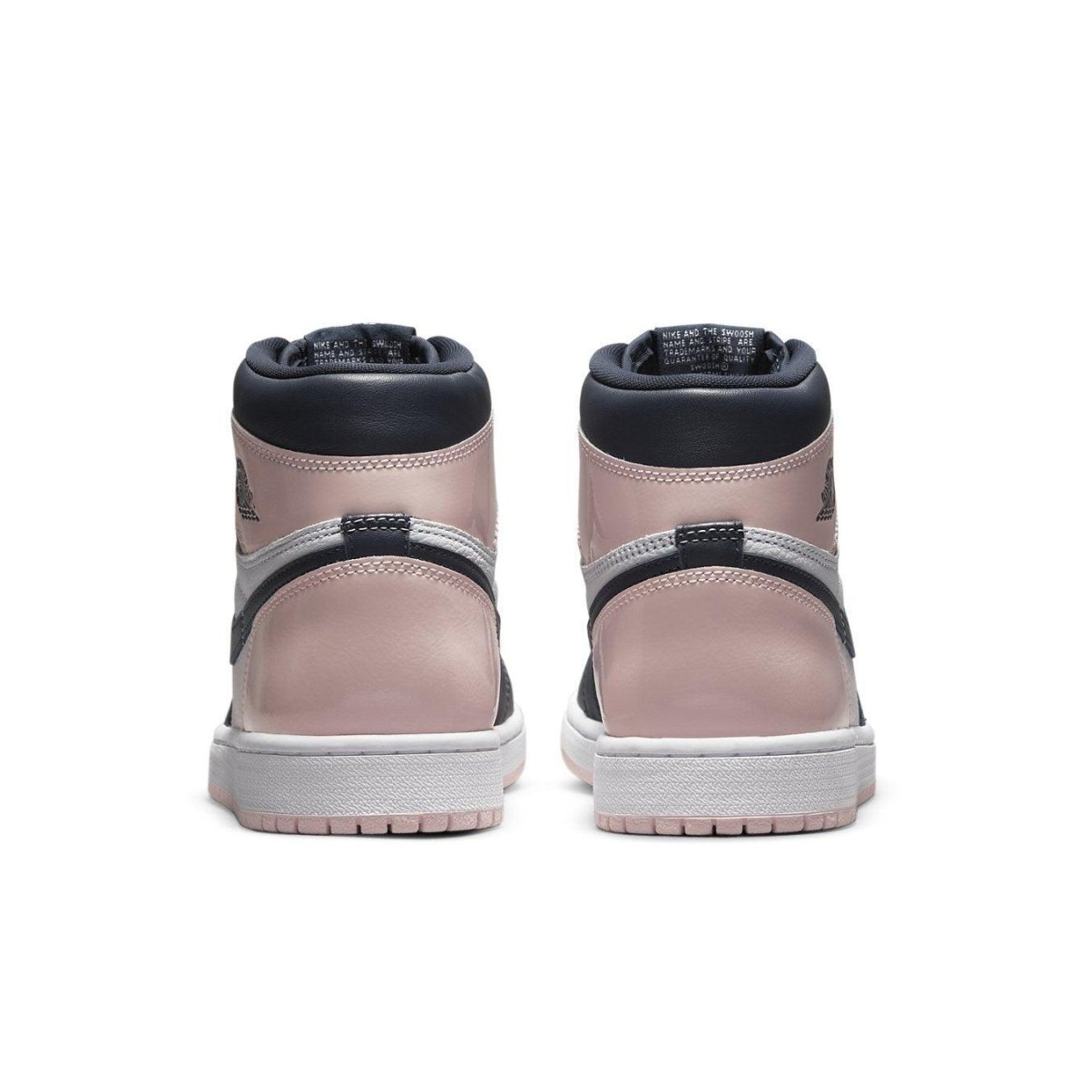 Back view of Jordan 1 Retro High OG Atmosphere sneakers showcasing pink and black design details.
