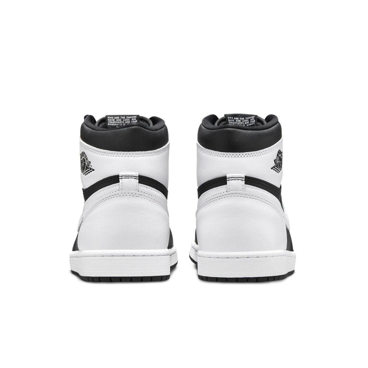 Air Jordan 1 Retro High OG Black White 2.0 sneakers back view showcasing stylish black and white design.