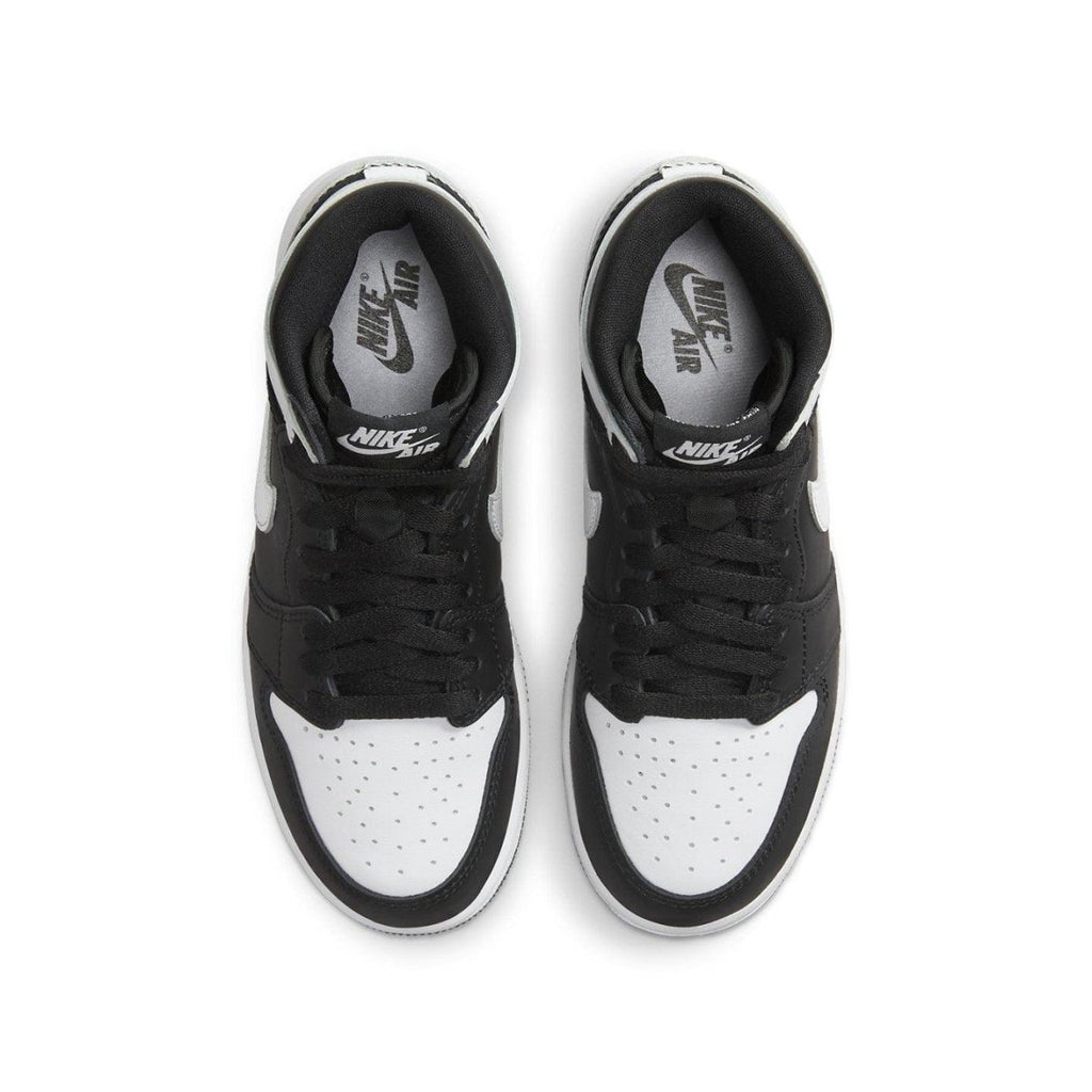 Top view of Jordan 1 Retro High OG Black White (GS) sneakers showcasing premium leather design.