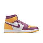 Air Jordan 1 Retro High OG Brotherhood sneaker in white, Bordeaux, and University Gold colors.