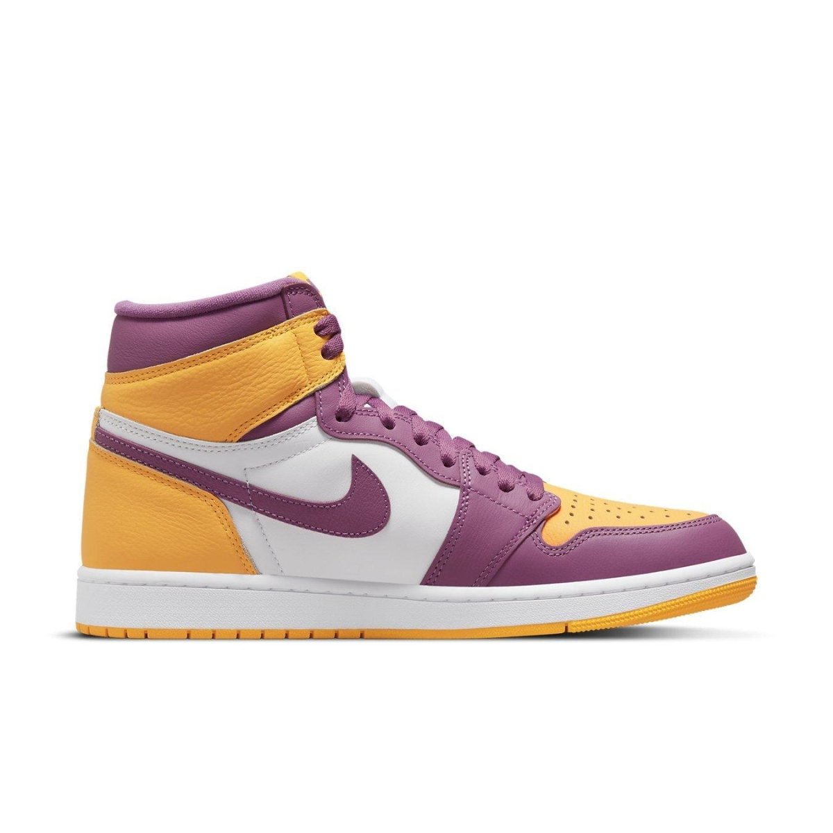 Air Jordan 1 Retro High OG Brotherhood sneaker in white, Bordeaux, and University Gold colors.