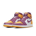 Jordan 1 Retro High OG Brotherhood sneaker featuring vibrant Bordeaux, University Gold, and white colorway.
