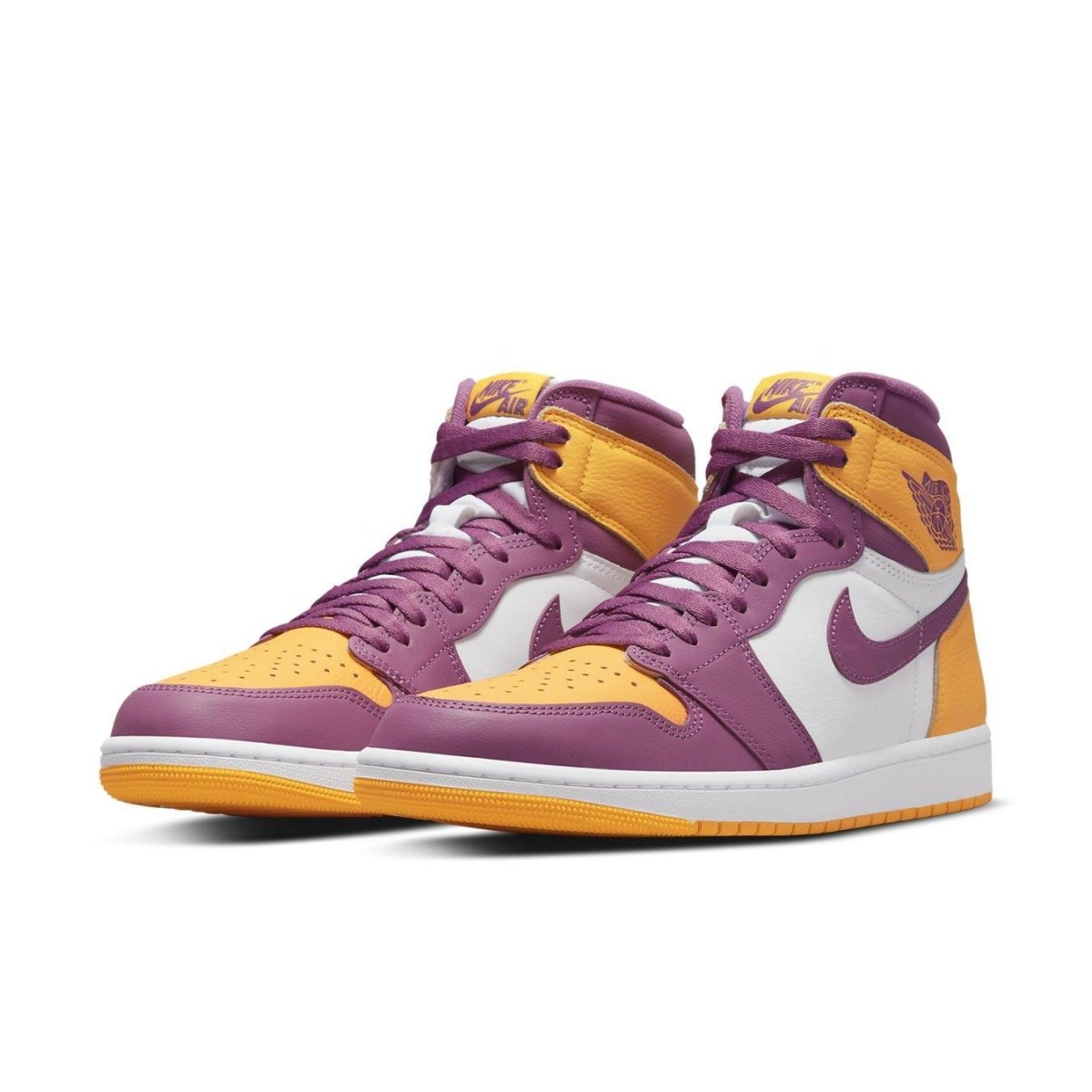 Jordan 1 Retro High OG Brotherhood sneaker featuring vibrant Bordeaux, University Gold, and white colorway.