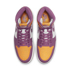 Jordan 1 Retro High OG Brotherhood sneakers featuring vibrant purple, gold, and white colorway from Nike.