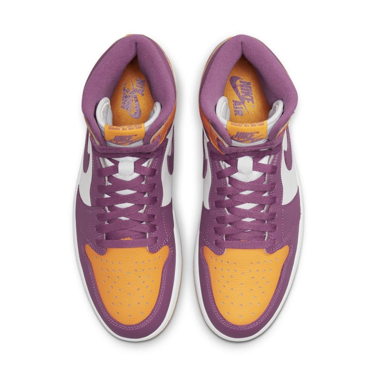 Jordan 1 Retro High OG Brotherhood sneakers featuring vibrant purple, gold, and white colorway from Nike.