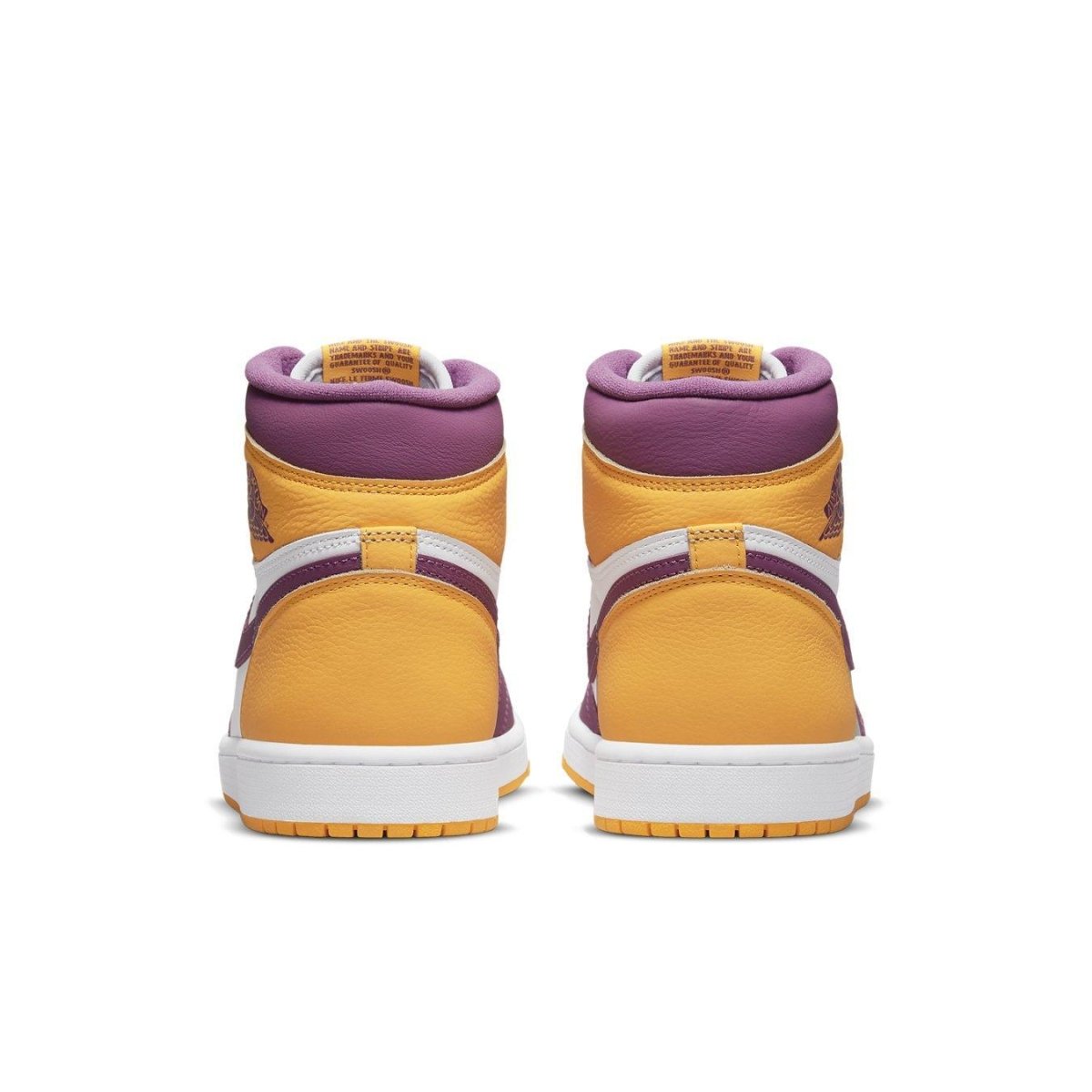 Rear view of Air Jordan 1 Retro High OG Brotherhood sneakers in vibrant yellow and purple colorway.