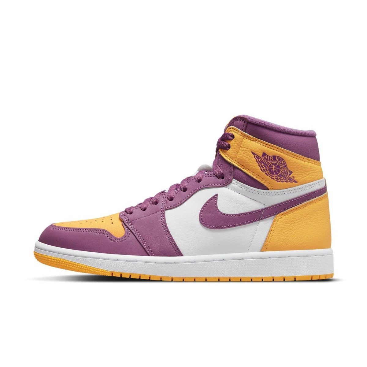 Air Jordan 1 Retro High OG Brotherhood sneakers in white, Bordeaux, and University Gold colorway.
