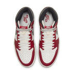 Top view of the Jordan 1 Retro High OG Chicago Lost and Found sneakers with red, white, and black colorway.