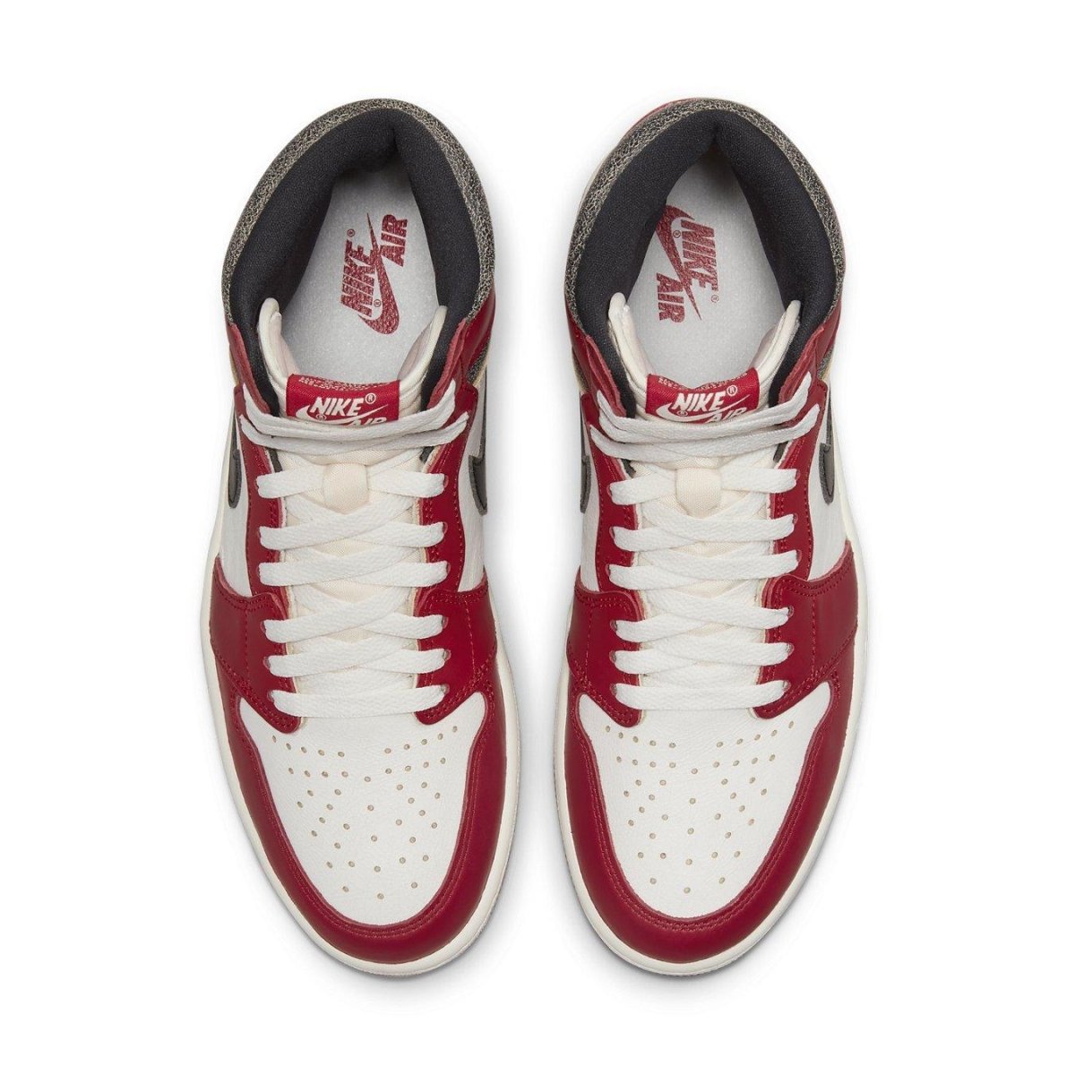 Top view of the Jordan 1 Retro High OG Chicago Lost and Found sneakers with red, white, and black colorway.