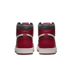 Back view of Air Jordan 1 Retro High OG Chicago Lost and Found in red and white with black accents.
