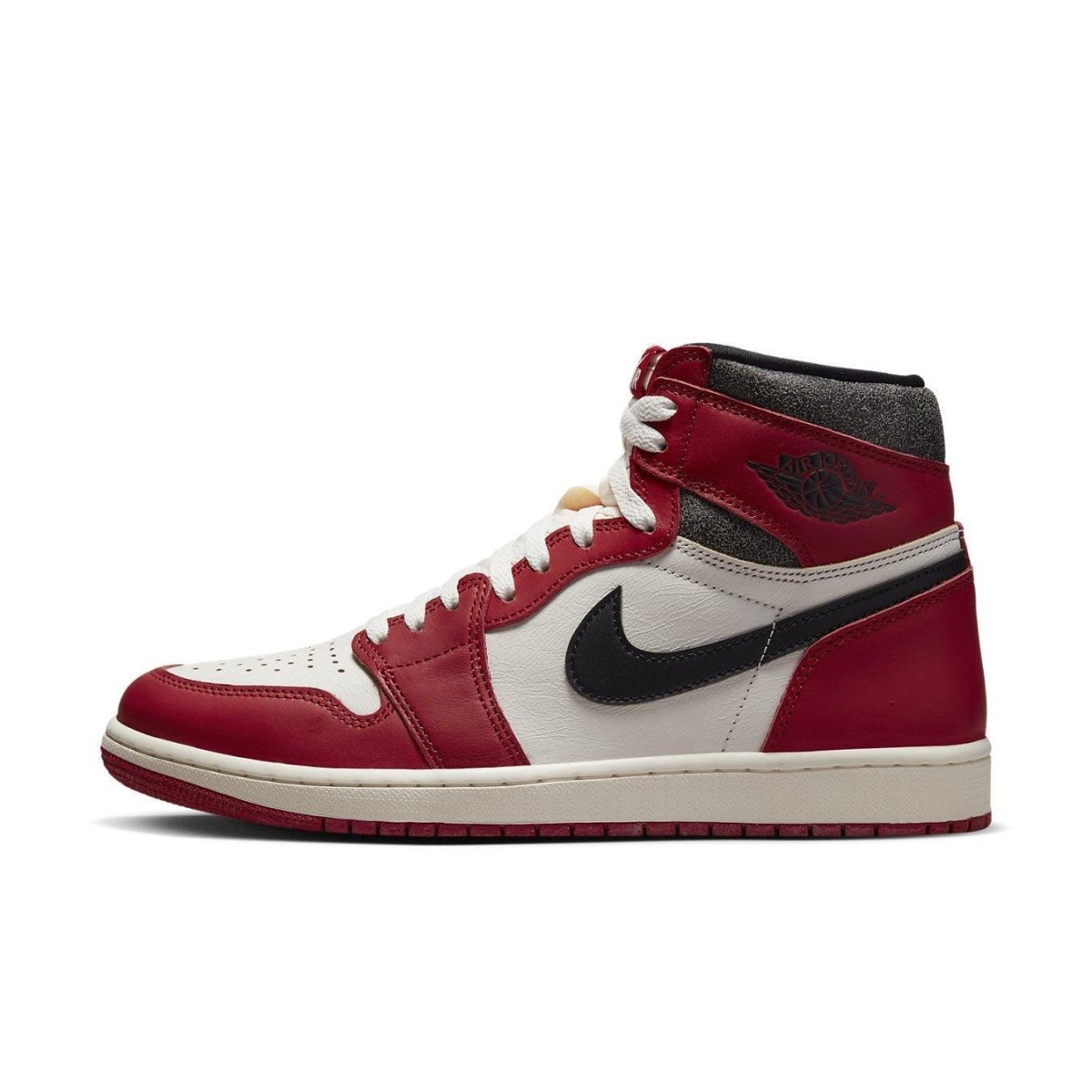 Air Jordan 1 Retro High OG Chicago Lost and Found sneaker featuring white, red, and black leather design.