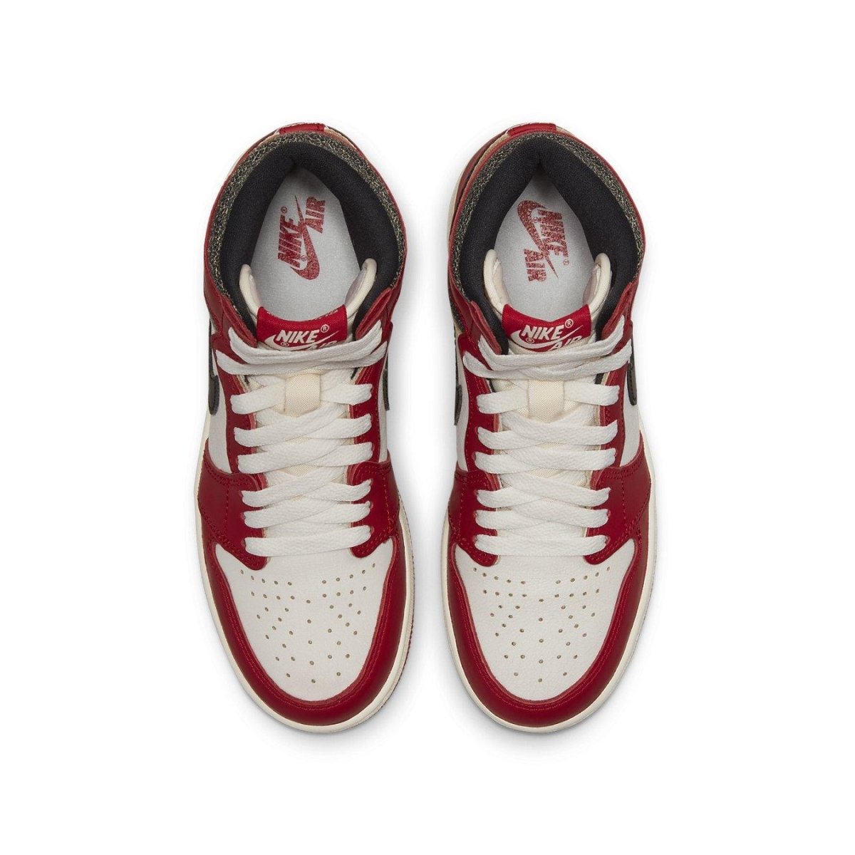 Air Jordan 1 Retro High OG Chicago Lost and Found shoes in red and white with black accents, top view.