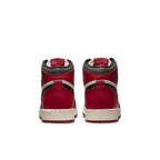 Back view of Air Jordan 1 Retro High OG Chicago Lost and Found sneakers in red and white.