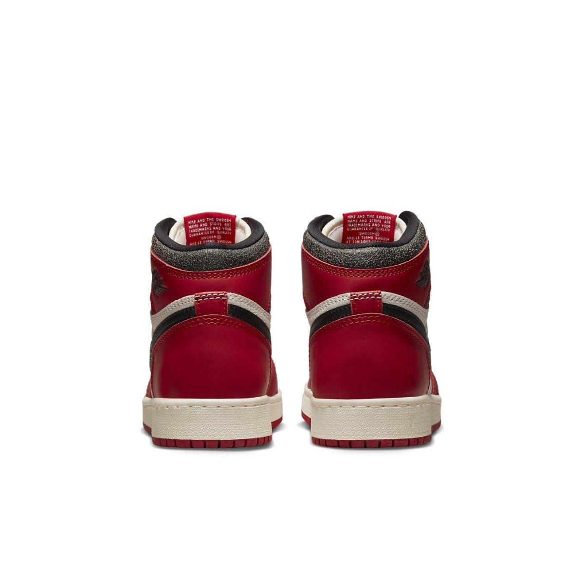 Back view of Air Jordan 1 Retro High OG Chicago Lost and Found sneakers in red and white.