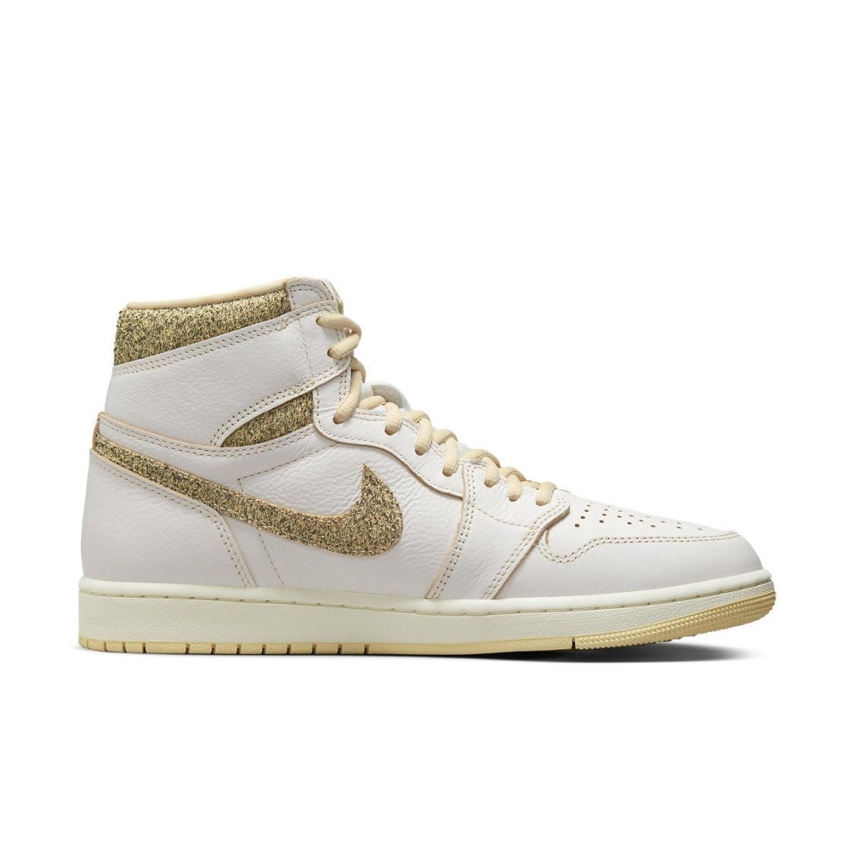 Air Jordan 1 Retro High OG Craft Vibrations of Naija in off-white with gold accents and Nike Swoosh.