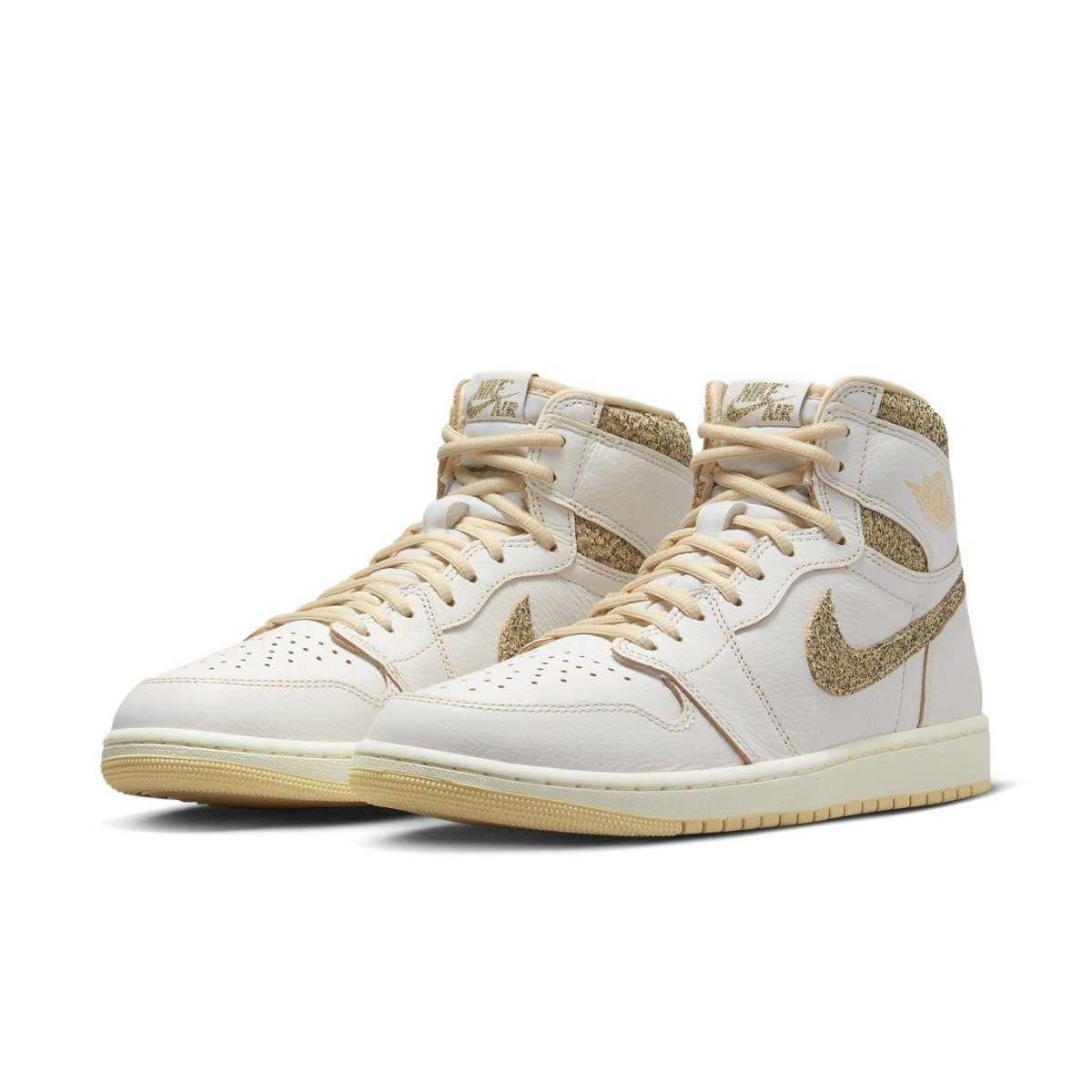 Air Jordan 1 Retro High OG Craft Vibrations Of Naija in beige with gold accents and logo details.