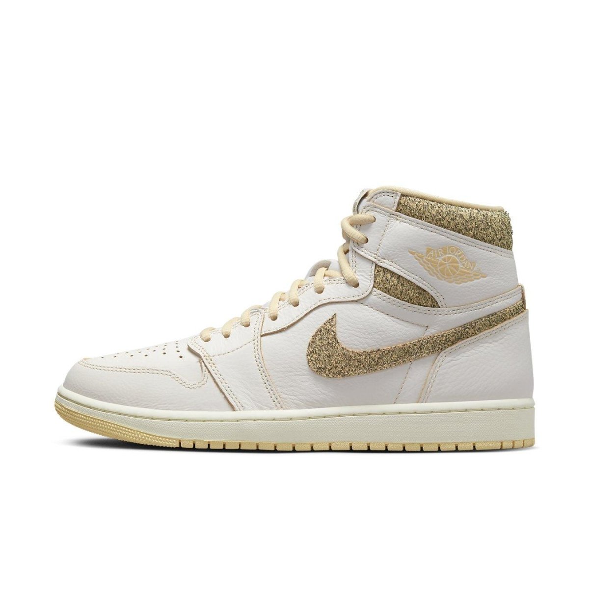 Air Jordan 1 Retro High OG Craft Vibrations of Naija in cream and pale vanilla color with gold accents.