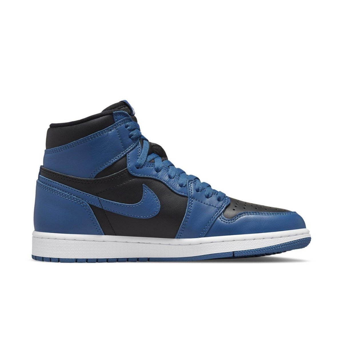 Air Jordan 1 Retro High OG Dark Marina Blue sneaker in black and dark blue leather with white sole.
