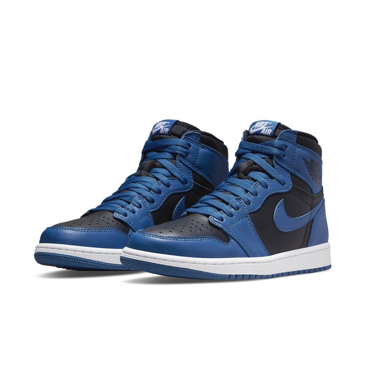 Jordan 1 Retro High OG Dark Marina Blue sneakers with black and dark blue leather upper.