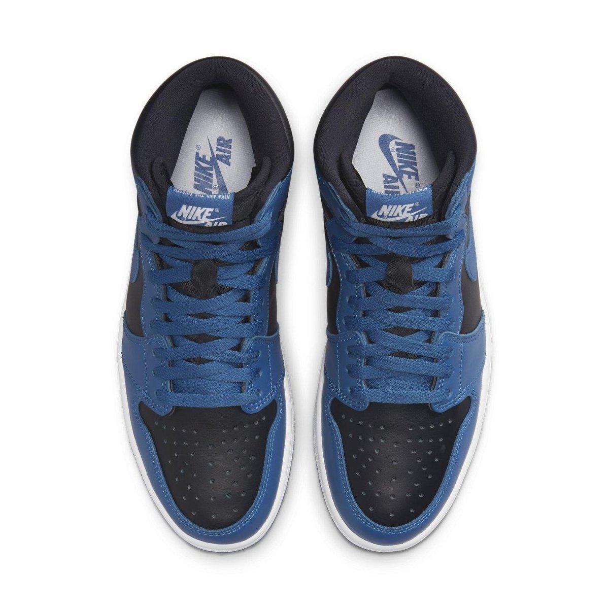 Nike Air Jordan 1 Retro High OG Dark Marina Blue lifestyle sneakers from above, featuring black and dark blue colorway.