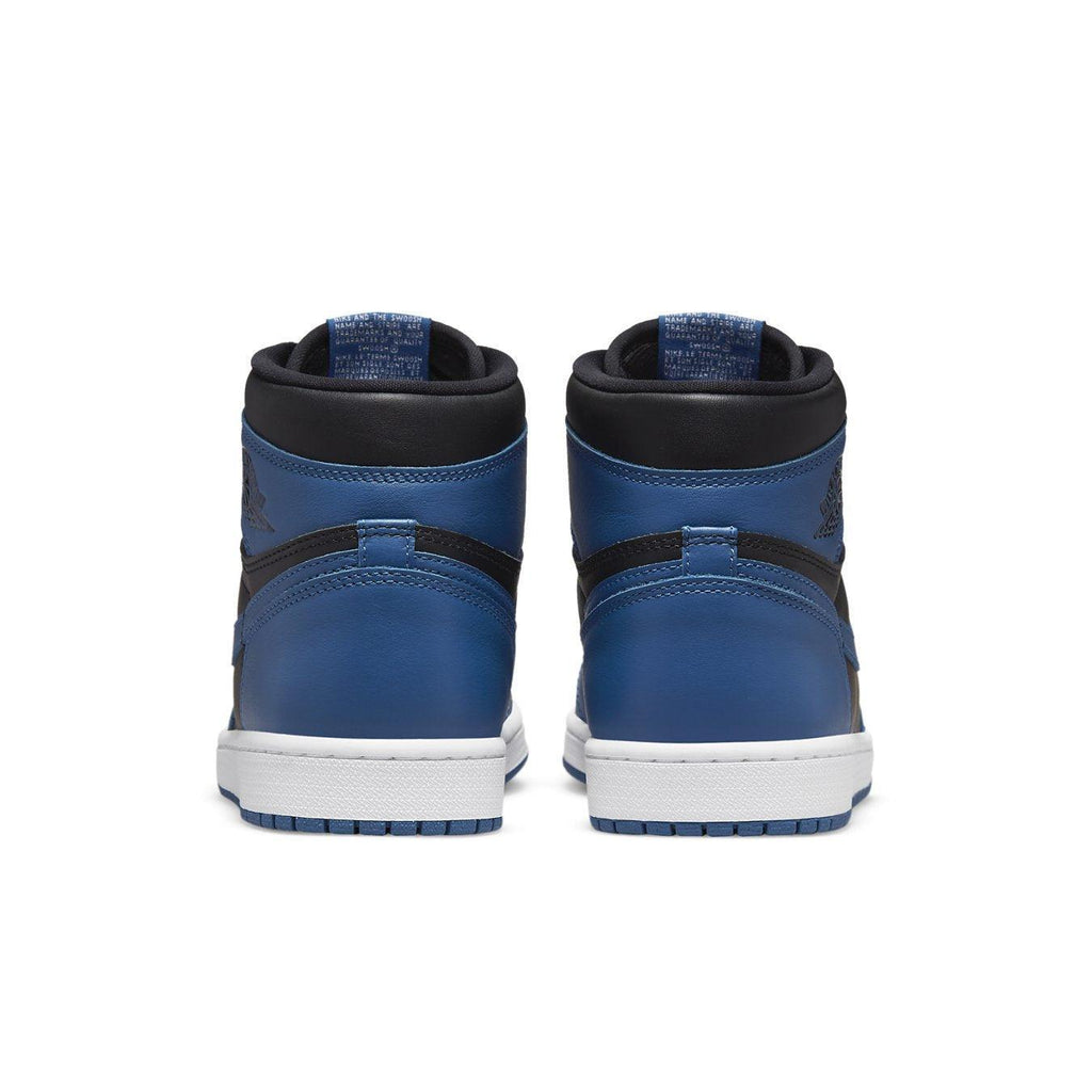 Back view of Air Jordan 1 Retro High OG Dark Marina Blue with black and dark blue leather.