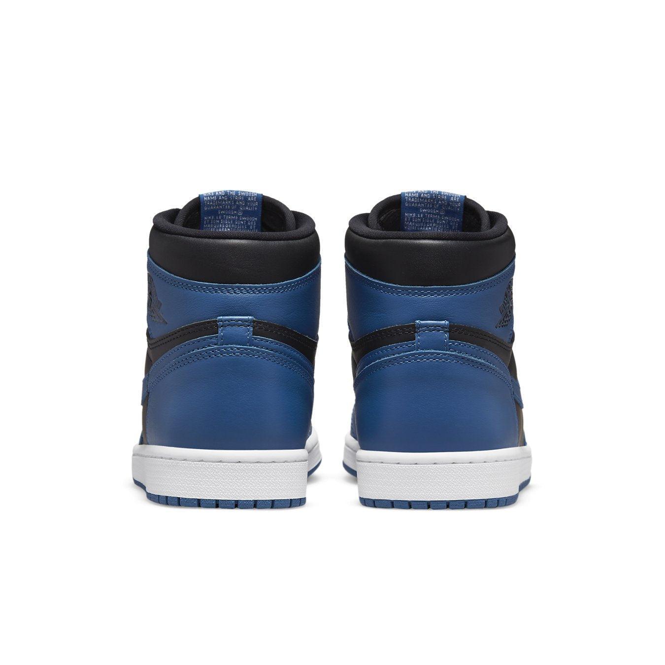 Back view of Air Jordan 1 Retro High OG Dark Marina Blue with black and dark blue leather.
