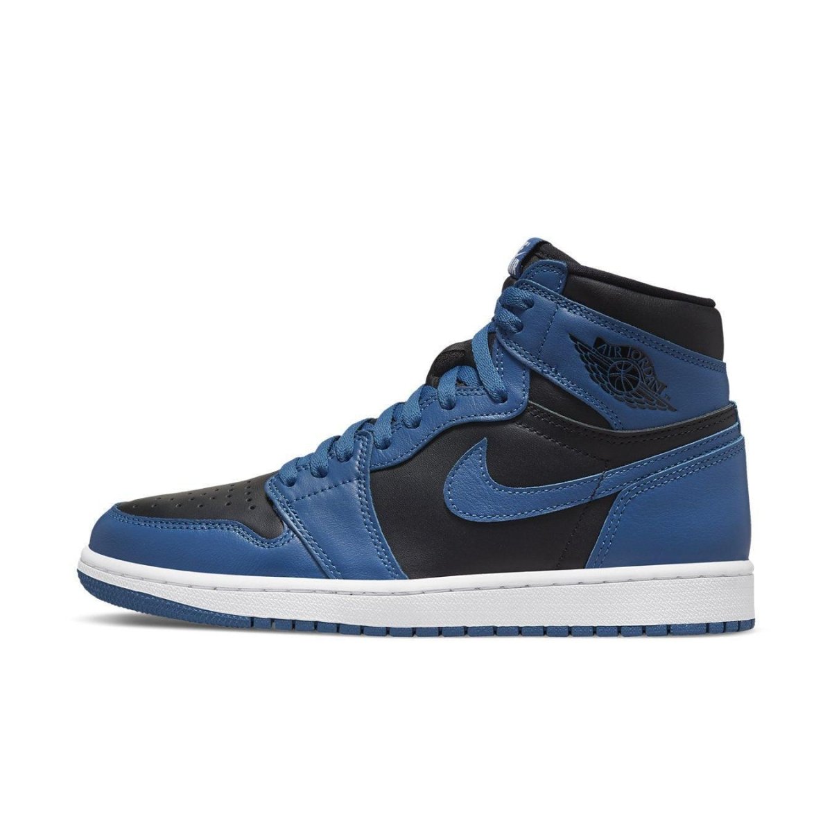 Air Jordan 1 Retro High OG Dark Marina Blue sneaker featuring black and dark blue leather design.