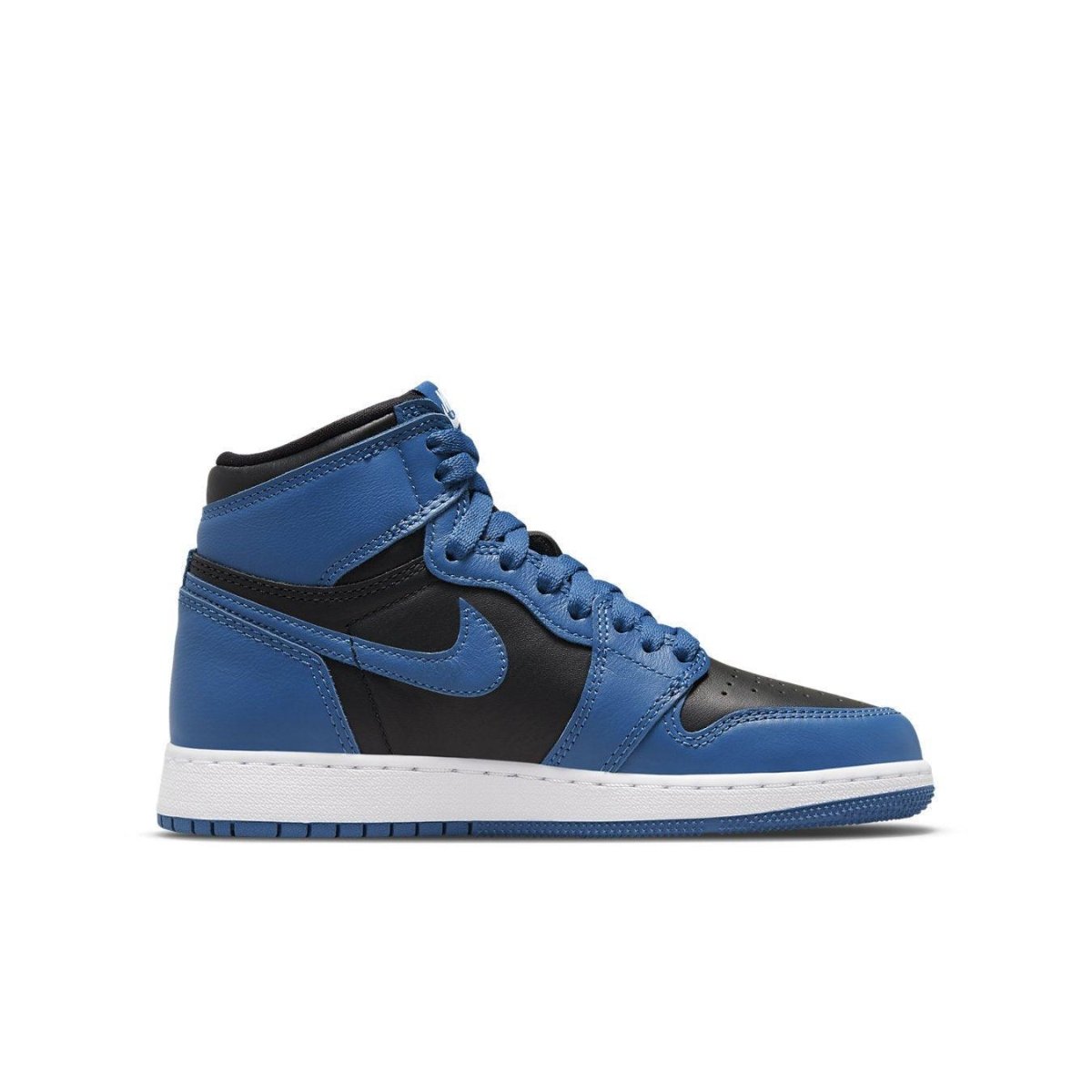 Air Jordan 1 Retro High OG GS in Dark Marina Blue and black leather, featuring iconic design and Nike Swoosh.