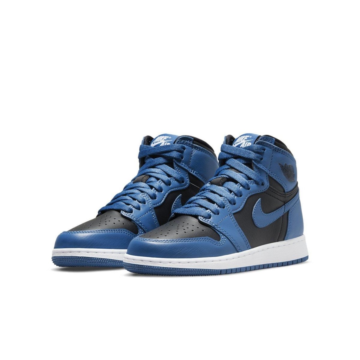 Jordan 1 Retro High OG Dark Marina Blue GS sneakers featuring black and dark blue leather upper.