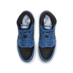 Air Jordan 1 Retro High OG Dark Marina Blue GS sneakers with black and dark blue leather upper.