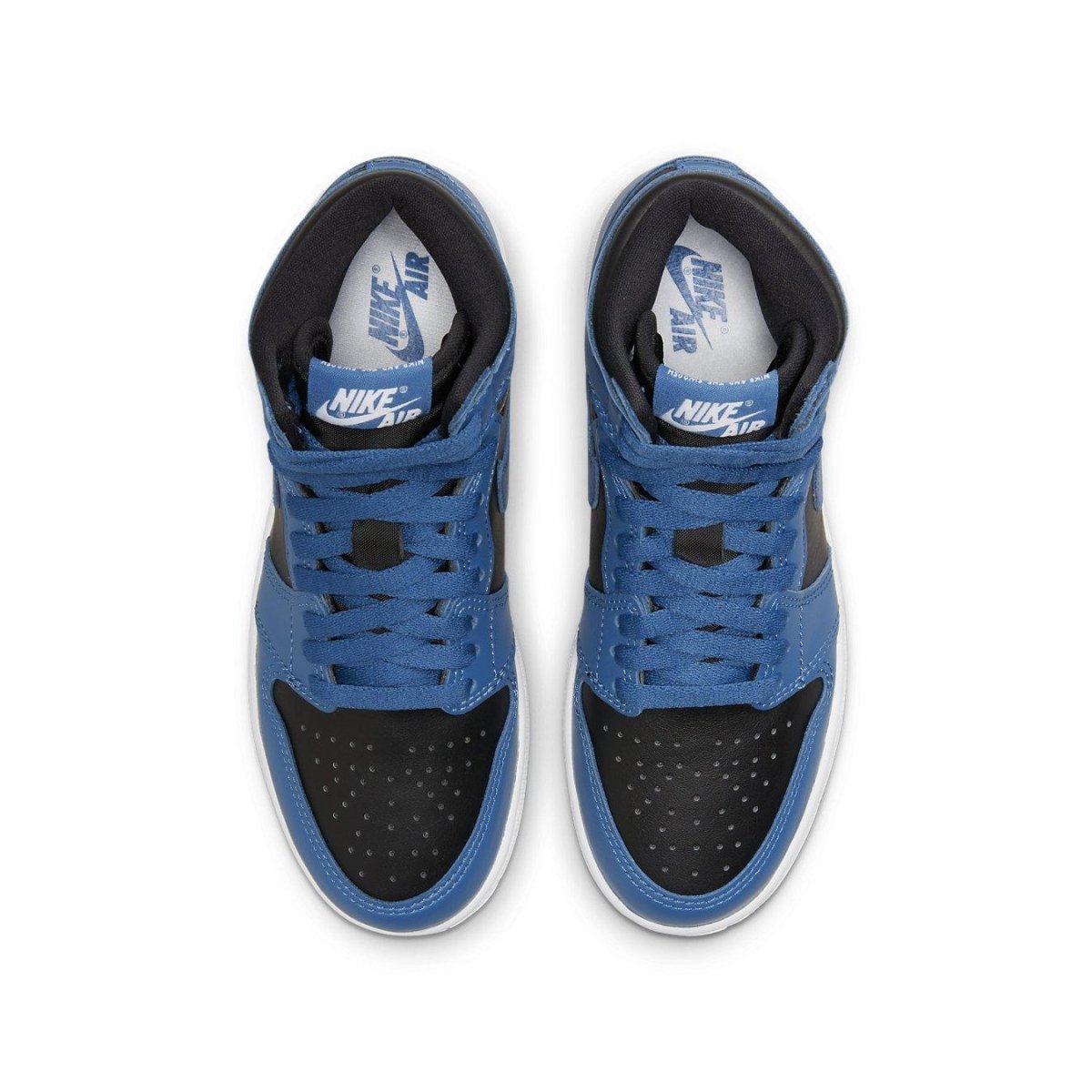 Air Jordan 1 Retro High OG Dark Marina Blue GS sneakers with black and dark blue leather upper.