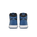 Rear view of Jordan 1 Retro High OG Dark Marina Blue GS sneakers showcasing blue leather and white sole.