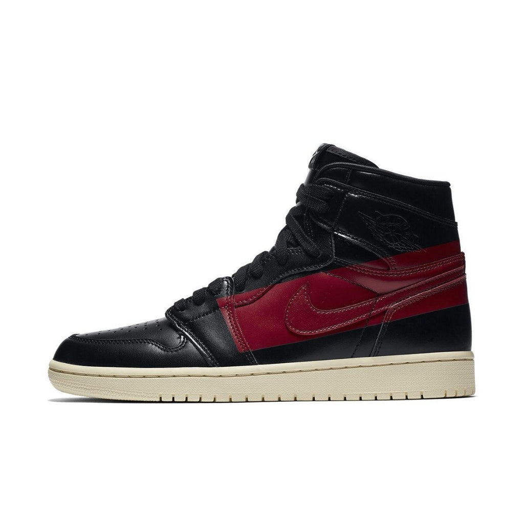Side view of Air Jordan 1 Retro High OG Defiant Couture in black and red colorway, featuring sleek design and retro style.