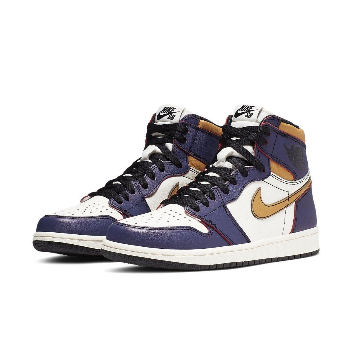 Air Jordan 1 Retro High OG Defiant SB LA to Chicago sneaker with purple, white, and gold colorway.