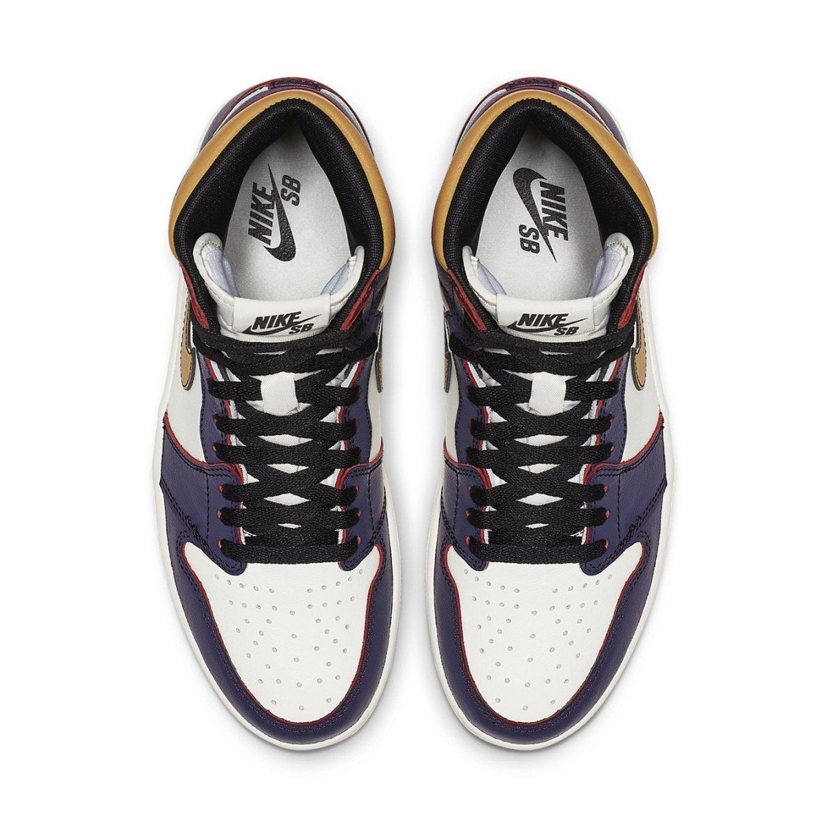 Top view of Nike SB Air Jordan 1 Retro High OG Defiant in LA to Chicago colorway.