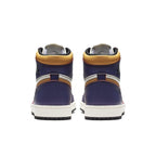 Back view of Air Jordan 1 Retro High OG Defiant SB LA to Chicago sneakers with navy and gold detailing.