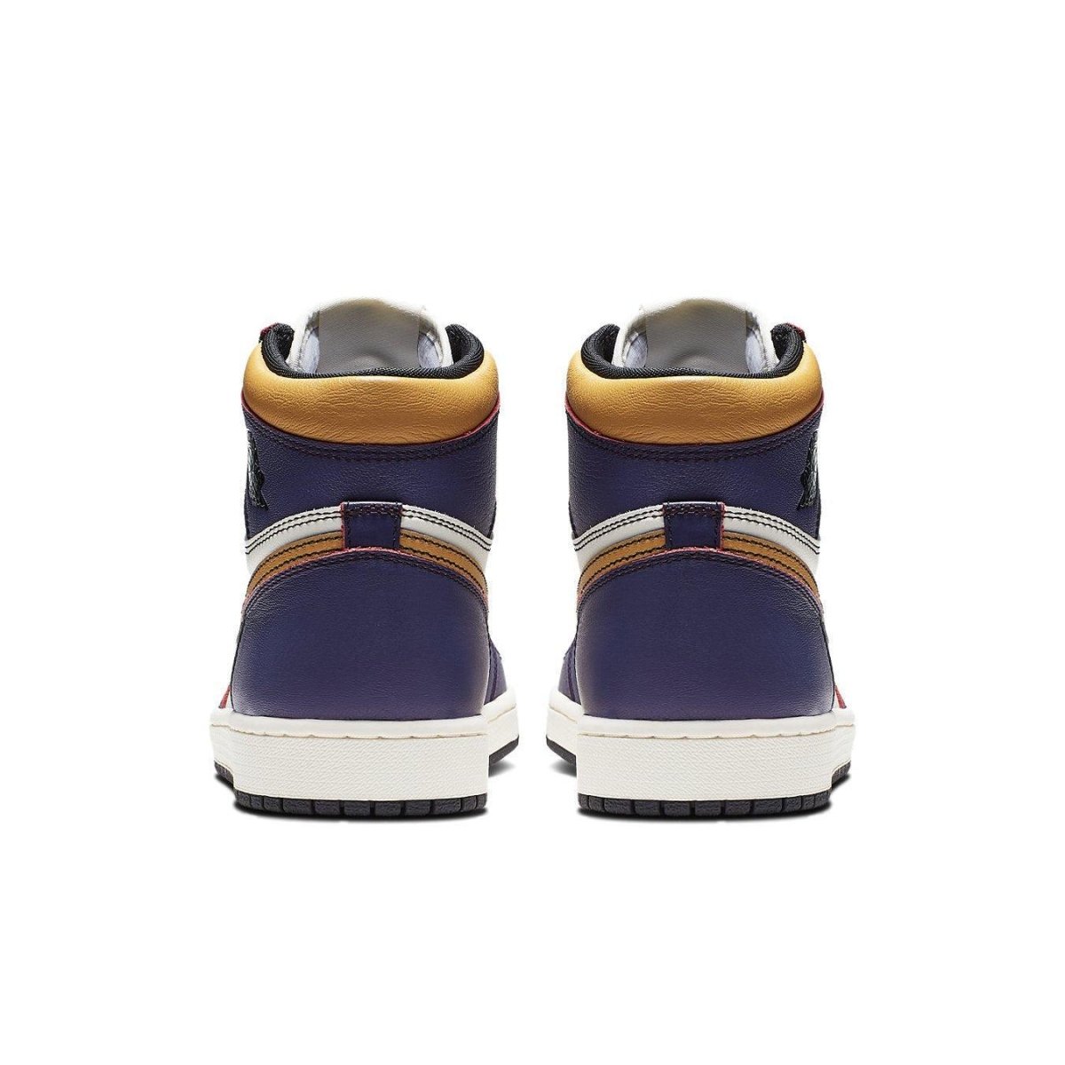 Back view of Air Jordan 1 Retro High OG Defiant SB LA to Chicago sneakers with navy and gold detailing.