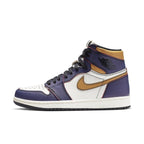 Air Jordan 1 Retro High OG Defiant SB LA to Chicago sneakers in purple, white, and gold colorway.