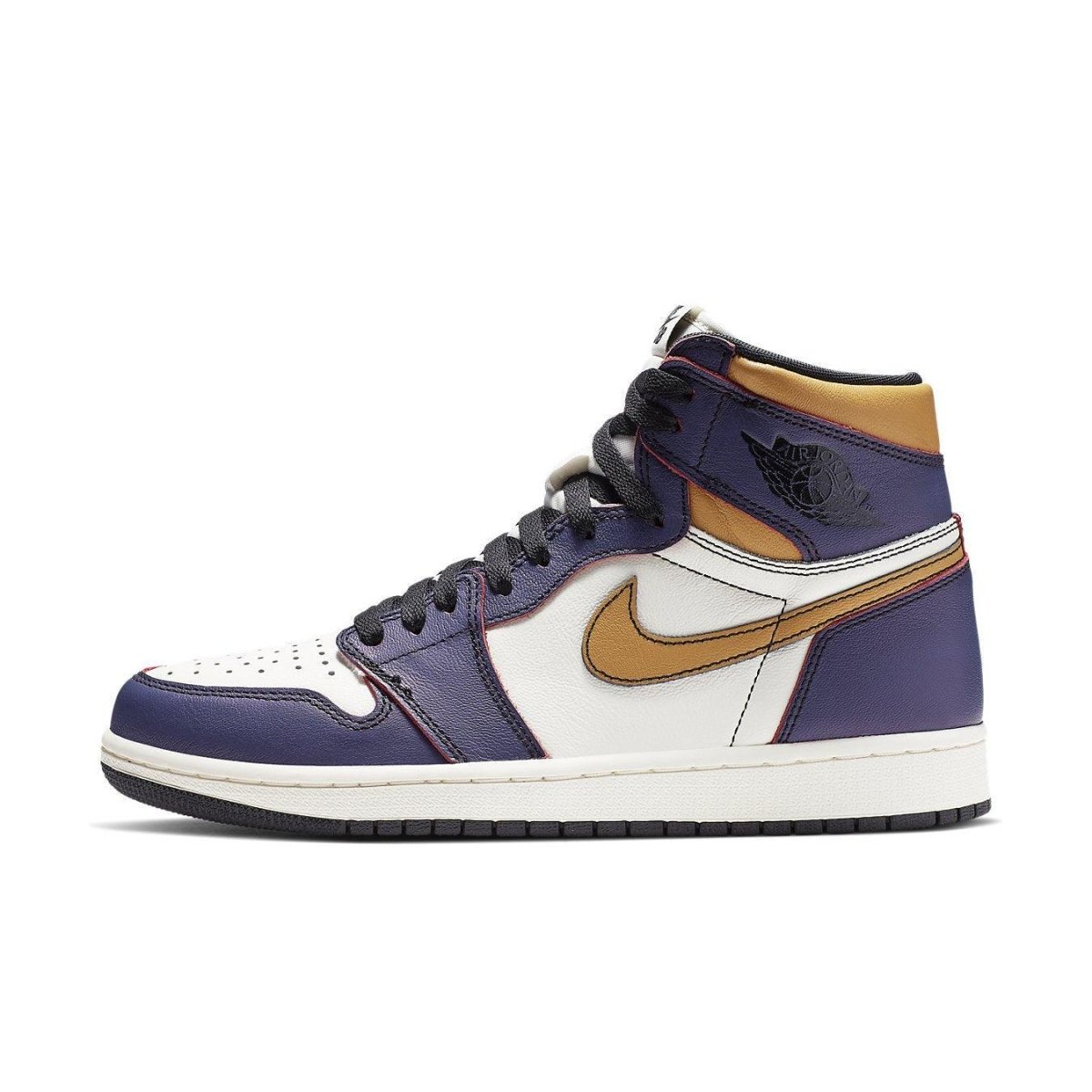 Air Jordan 1 Retro High OG Defiant SB LA to Chicago sneakers in purple, white, and gold colorway.