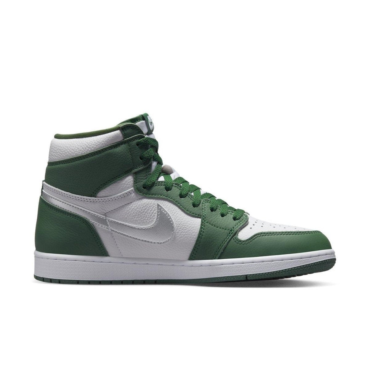 Air Jordan 1 Retro High OG Gorge Green featuring white and forest green leather upper and metallic silver Swoosh.