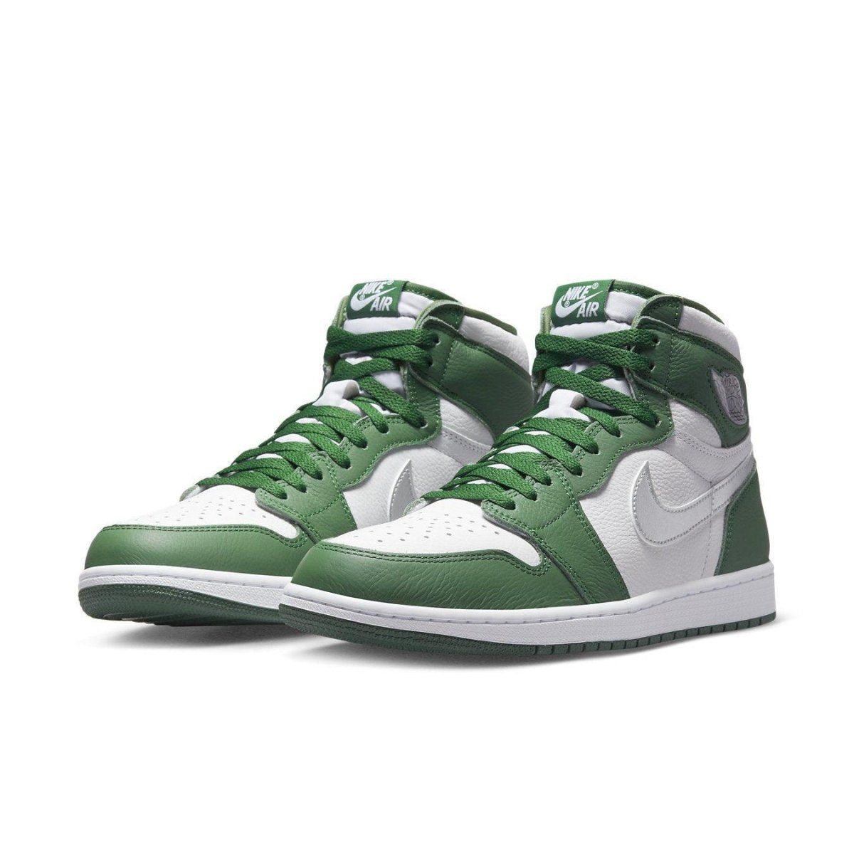 Air Jordan 1 Retro High OG Gorge Green sneakers showcasing white leather and forest green accents.