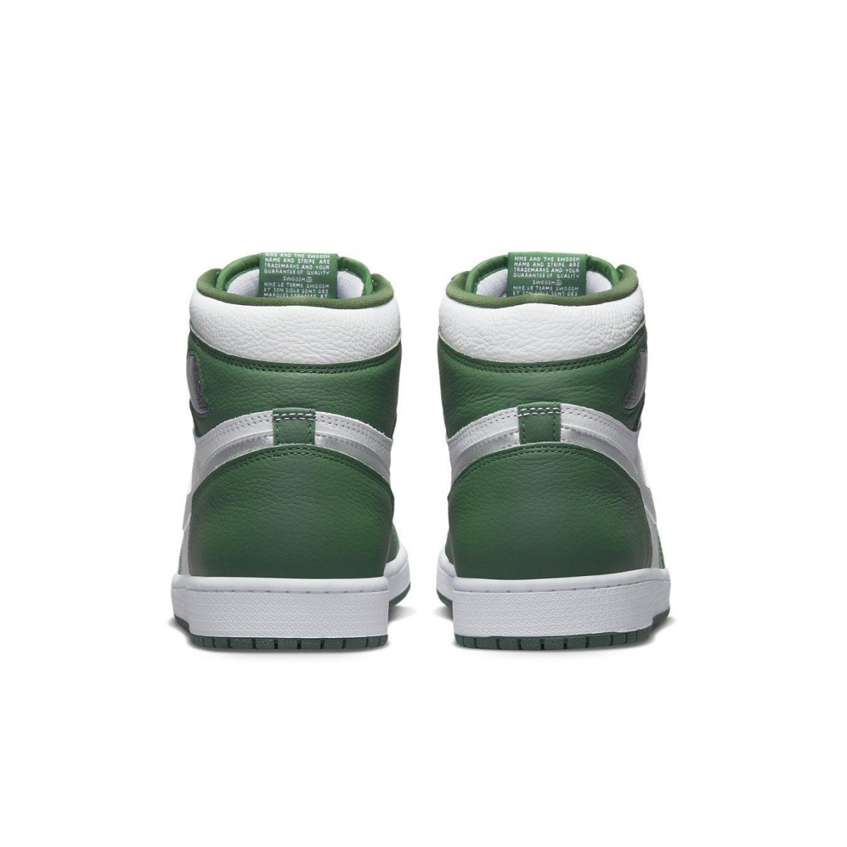 Rear view of Air Jordan 1 Retro High OG Gore Green sneaker featuring green and white leather design.