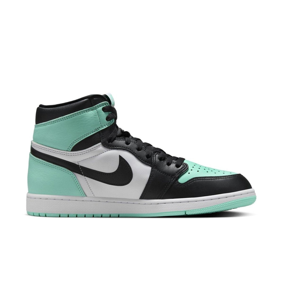 Nike Air Jordan 1 Retro High OG Green Glow sneaker featuring black, white, and mint green colors.