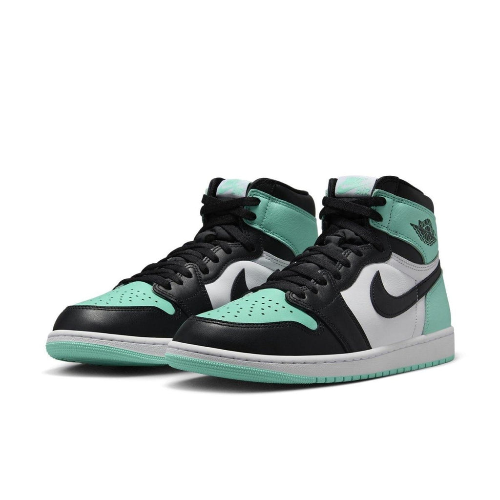 Jordan 1 Retro High OG Green Glow sneakers featuring mint green, black, and white colorway.