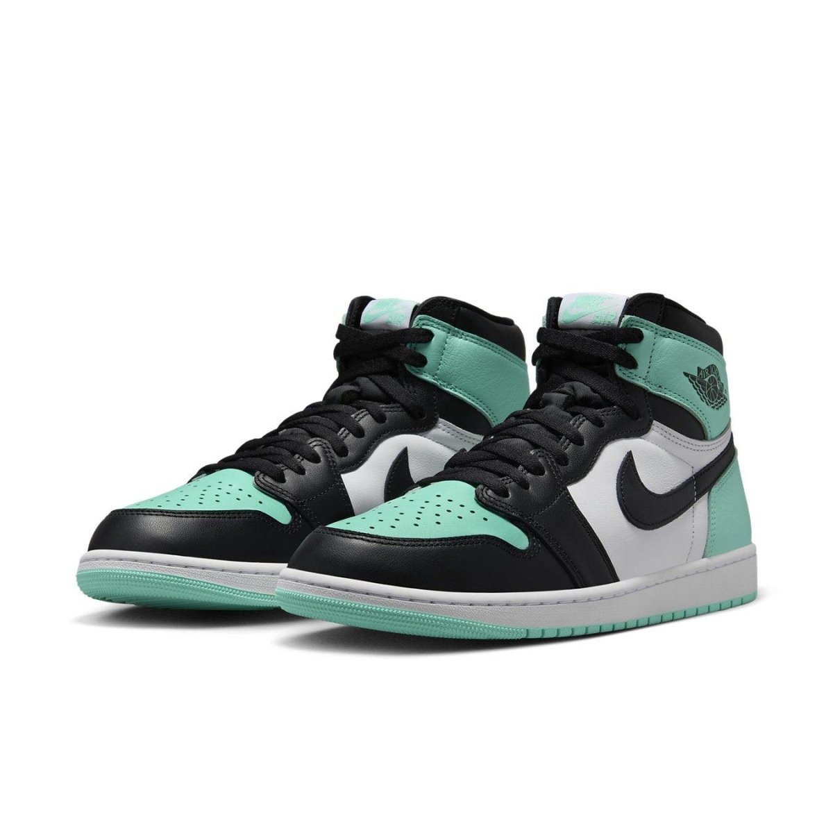 Jordan 1 Retro High OG Green Glow sneakers featuring mint green, black, and white colorway.