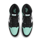 Top view of Air Jordan 1 Retro High OG 'Green Glow' sneakers, featuring black, white, and vibrant mint accents.